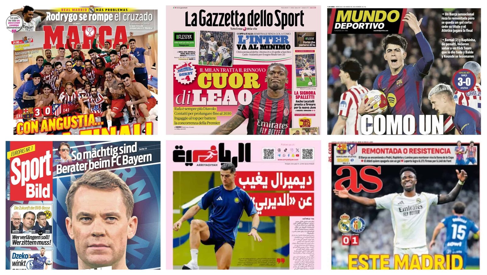 أبرز عناوين أغلفة الصحف العالمية: “أتلتيكو يعبر لنهائي الكأس من بوابة “كامب نو” الحزينة”