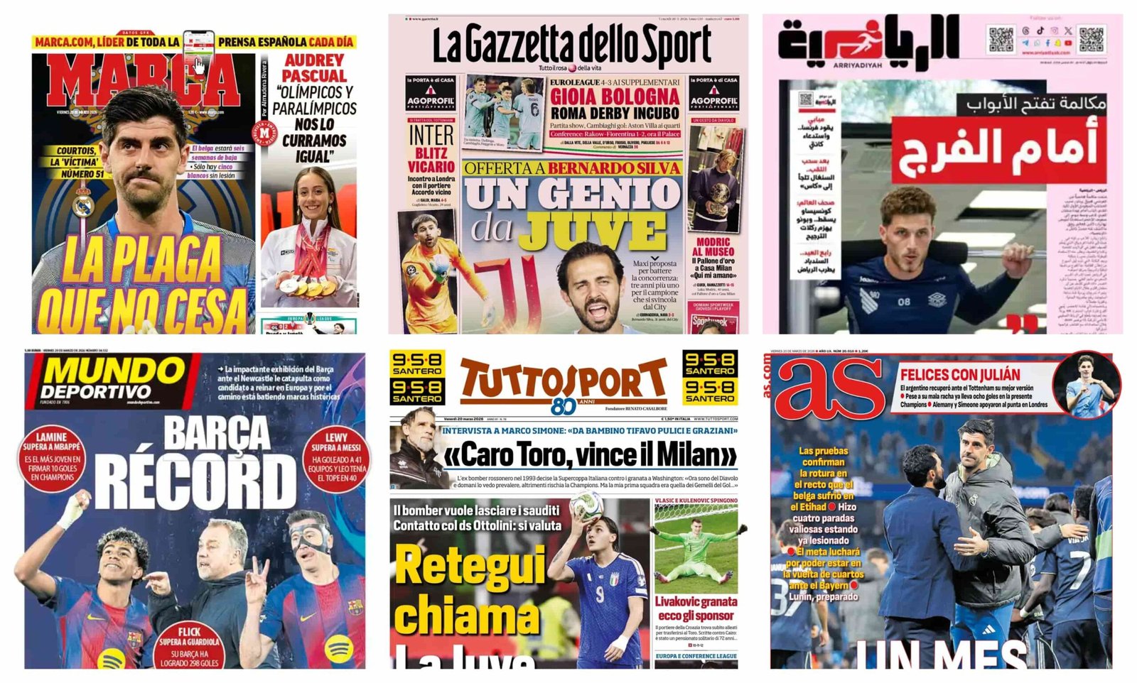 أبرز عناوين أغلفة الصحف العالمية: “إصابة تيبو كورتوا بتمزق عضلي يغيبه عن الملاعب لمدة 6 أسابيع”