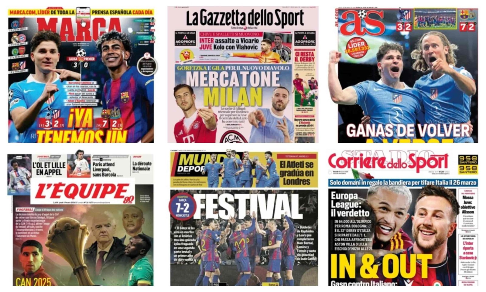 أبرز عناوين أغلفة الصحف العالمية: “برشلونة وأتلتيكو مدريد يلحقان بريال مدريد إلى الدور القادم على حساب الإنجليز”