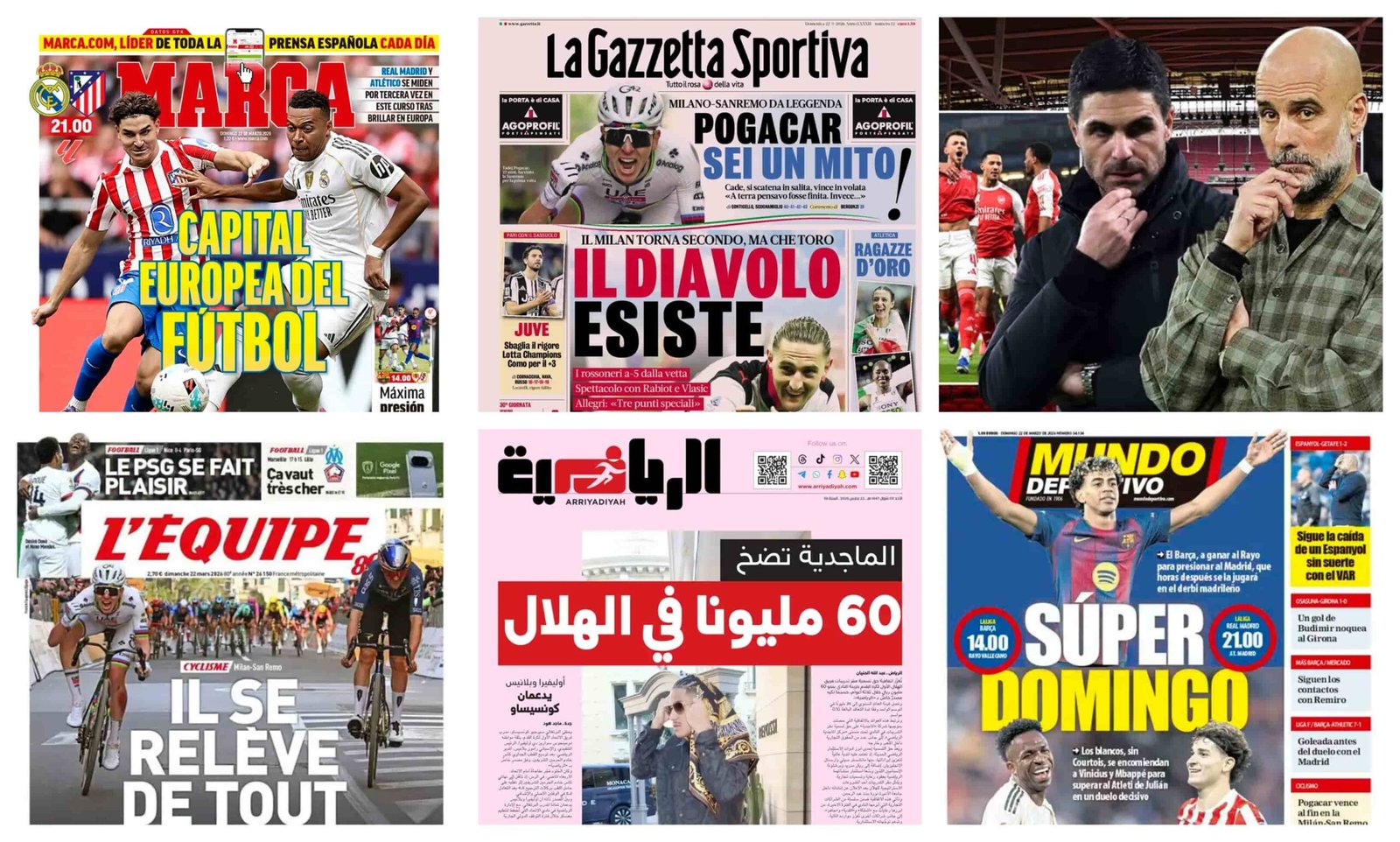 أبرز عناوين أغلفة الصحف العالمية: “ديربي مدريد يشعل الليغا ونهائي ناري في إنجلترا”