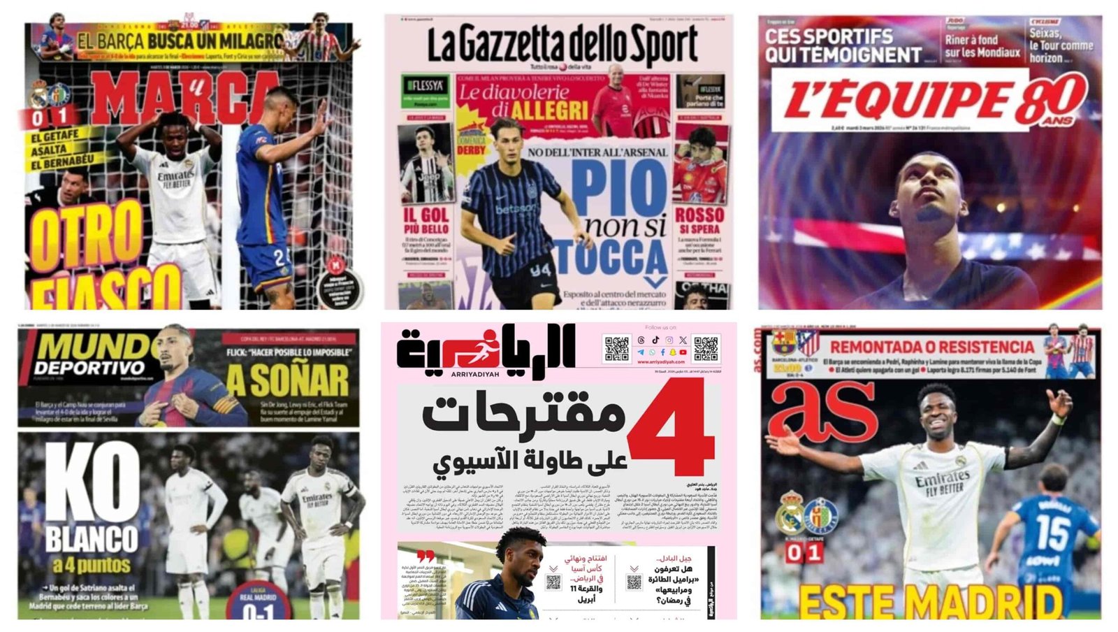 أبرز عناوين أغلفة الصحف العالمية: “سقوط مدوٍ للريال في البرنابيو واشتعال صراع الكأس”