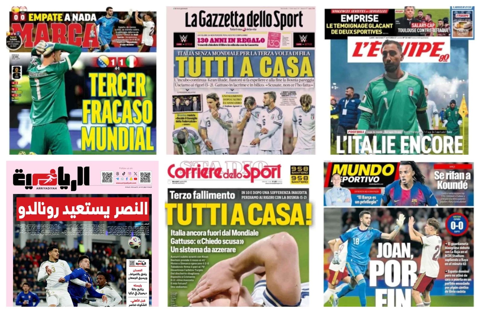 أبرز عناوين أغلفة الصحف العالمية: “إيطاليا خارج المونديال للمرة الثالثة تواليا وسقوط تاريخي للإنجليز”