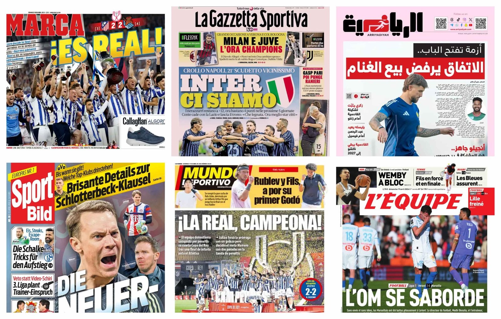 أبرز عناوين أغلفة الصحف العالمية: “سوسيداد يتربع على عرش الكأس وليلة مغربية في أولد ترافورد”