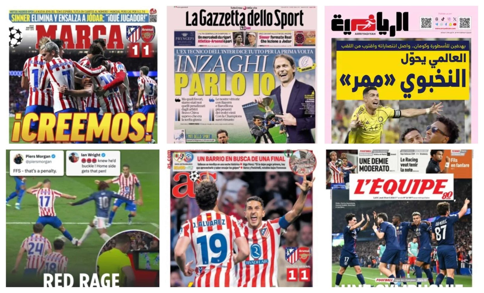 أبرز عناوين أغلفة الصحف العالمية: “قمة أتلتيكو مدريد وأرسنال تنتهي بالتعادل الإيجابي”