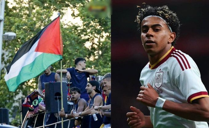 لامين يامال يزين إحتفالات برشلونة بلقب الليجا برفع علم فلسطين